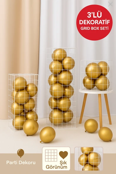 3’lü Beyaz Plastik Grid Box Seti | Dekoratif Balon Kutusu | Baby Shower & Doğum Günü Süsü ürün görseli 1