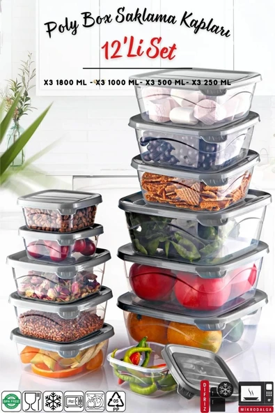 12 Li Set Kare Mikrodalga & Difriz Uyumlu Poly Saklama Kabı X3 0,25lt/0,5lt/1lt/1,8lt ürün görseli 1