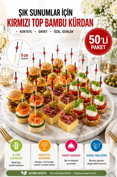 50’li Paket Kırmızı Top Siyah Bambu Kürdan 9 cm – Kokteyl, Kanepe ve Tatlı Sunum Kürdanı ürün görseli 1