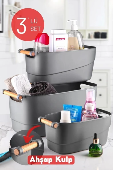 3'lü Set Ahşap Kulplu Çok Amaçlı Banyo,mutfak,çekmece Içi Düzenleyici Retro Sepet Antrasit ürün görseli 1