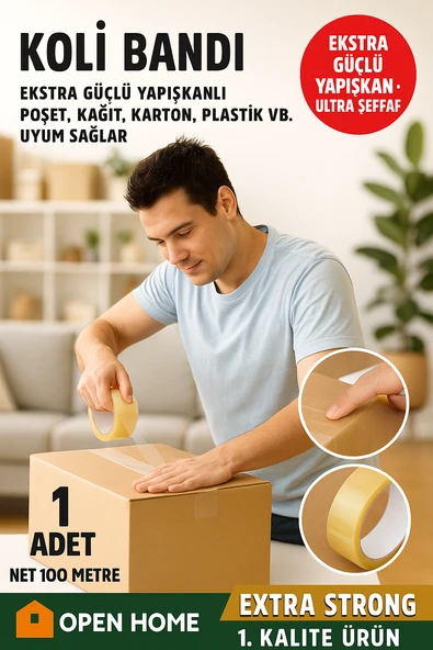 Open Home 100 Metre Şeffaf Koli Bandı – Extra Strong 40 Micron Kalınlık, Güçlü Yapışkan ürün görseli 1