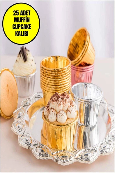 25 Adet Muffin-Cupcake Kalıbı Yağ Geçirmez Pişirme Kalıpları Doğum Günü, Düğün, Noel için (Altın) ürün görseli 1