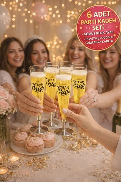 6’lı Team Bride Logolu Şampanya Kadehi Plastik Gümüş Ayaklı Bekarlığa Veda Seti ürün görseli 1