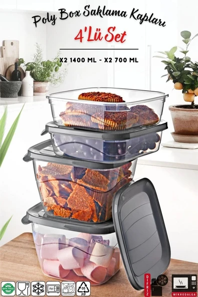4'Lü Set Kare Mikrodalga & Difriz Uyumlu Poly Saklama Kabı X2 0,7 Lt / 1,4 Lt ürün görseli 1