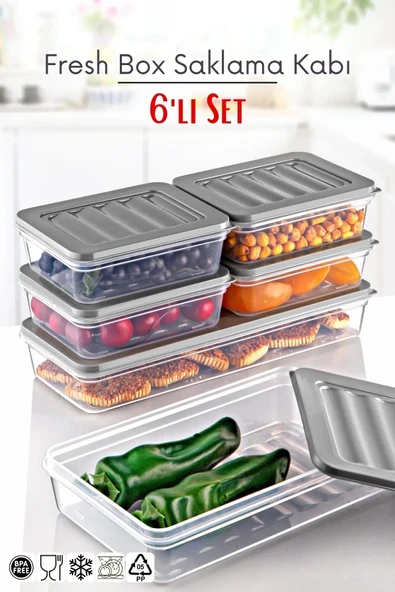 6 Lı Set Freshbox Mikrodalga Ve Difrize Uygun Saklama Kabı Set Gri ürün görseli 1