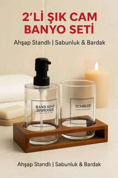 2’li Cam Ahşap Standlı Banyo Seti – Sabunluk ve Bardak – 430 ml – Modern Şık Tasarım ürün görseli 1