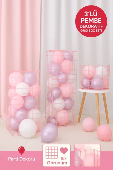 3’lü Pembe Plastik Grid Box Seti | Dekoratif Balon Kutusu | Parti & Baby Shower Süsleme ürün görseli 1