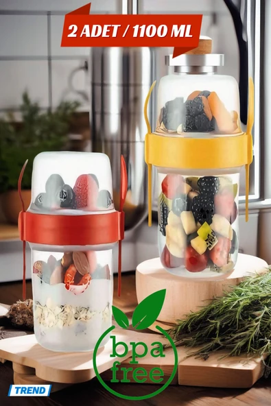 2 ADET Diyet & Kahvaltı için Çatal & Kaşıklı Kapaklı Yoğurt Müsli Salata Meyve Saklama Kabı - 1100ml ürün görseli 1