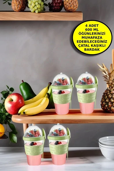 4 ADET Diyet & Kahvaltı için Çatal & Kaşıklı Kapaklı Yoğurt Müsli Salata Meyve Saklama Kabı - 600 ml ürün görseli 1