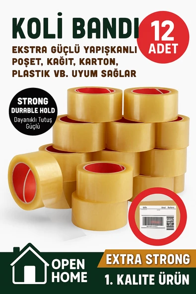 12 Adet-100 Metre Şeffaf Koli Bandı – Extra Strong 40 Micron Kalınlık, Güçlü Yapışkan ürün görseli 1