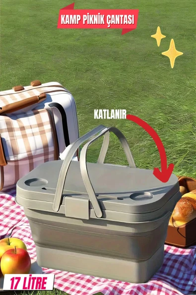 17 Litre Gri Katlanır  Piknik Kamp Çantası Sepeti ürün görseli 1