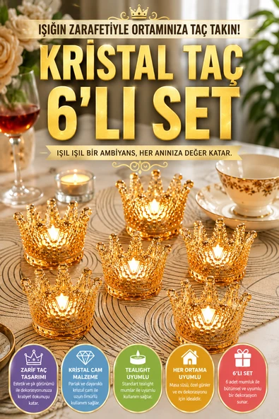 6'lı Set Kristal Taç Mumluk Gold ürün görseli 1