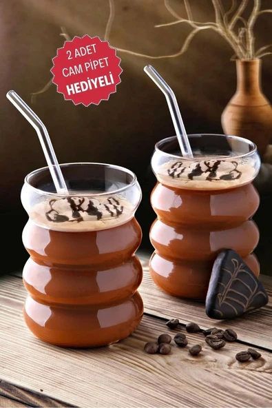 2 Adet Boğumlu Model Borosilikat Kokteyl ve Soğuk-Sıcak Kahve Bardağı Pipet 300Ml ürün görseli 1
