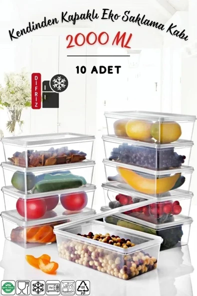 10 Adet Kendinden Kapaklı Derin Dondurucuya Uygun Saklama Kabı 2 Lt ürün görseli 1