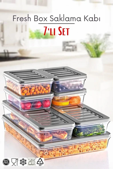 7'li Set Freshbox Mikroldaga Ve Difrize Uygun Saklama Kabı Gri ürün görseli 1