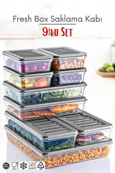 9 Lu Set Freshbox Mikrodalga Ve Difrize Uygun Saklama Kabı Gri ürün görseli 1
