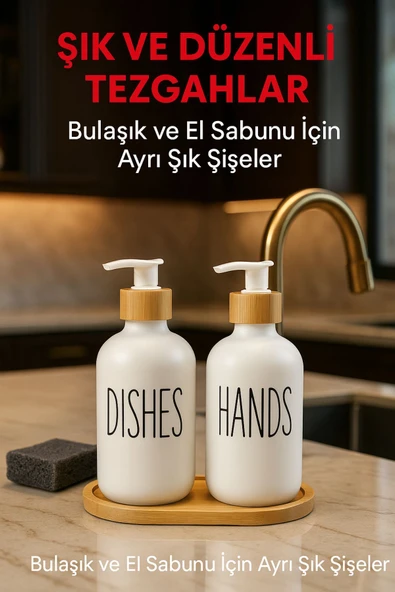2’li Sabunluk Seti Bambu Kapaklı Çok Amaçlı Sıvı Sabun ve Deterjan Şişesi 500 ml ürün görseli 1