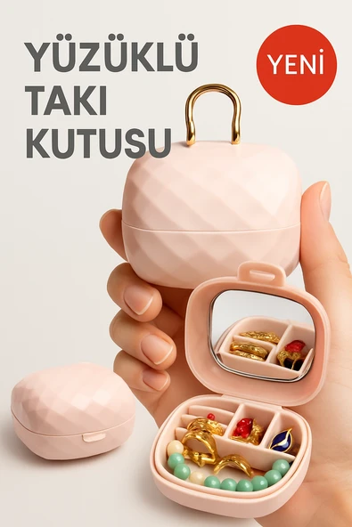 Taşınabilir Yüzüklü Takı Kutusu – Ayna ve 4 Bölmeli Mini Mücevher Organizer - Pudra ürün görseli 1