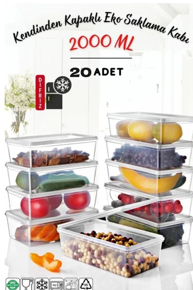 20 Adet Kendinden Kapaklı Derin Dondurucuya Uygun Saklama Kabı 2 Lt ürün görseli 1