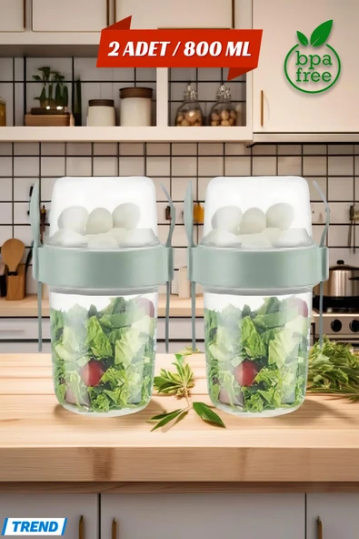 2 ADET Diyet & Kahvaltı için Çatal & Kaşıklı Kapaklı Yoğurt Müsli Salata Meyve Saklama Kabı - 800 ml ürün görseli 1