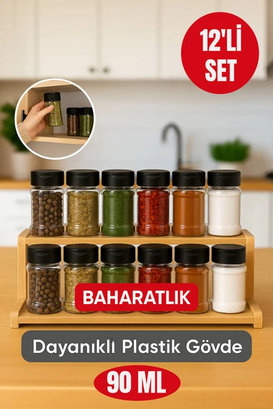 12’li Dayanıklı Plastik Baharatlık Seti – Şeffaf Gövde, Siyah Kapak, Düzenli Mutfaklar İçin 90 ml ürün görseli 1