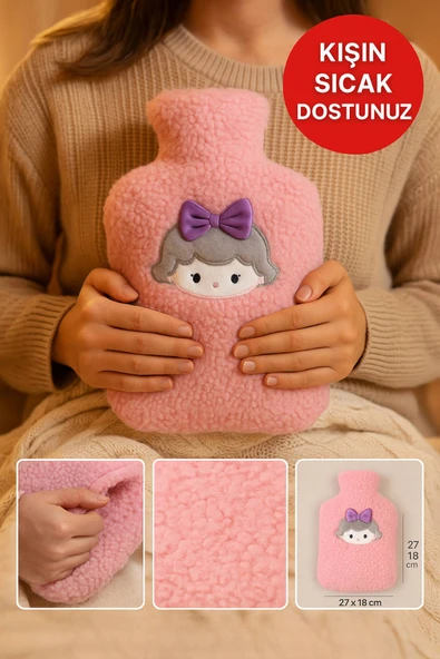 Pembe Peluş Sıcak Su Torbası – Yumuşak, Güvenli ve Şık Saçlı Kız Model, 1 Litre ürün görseli 1