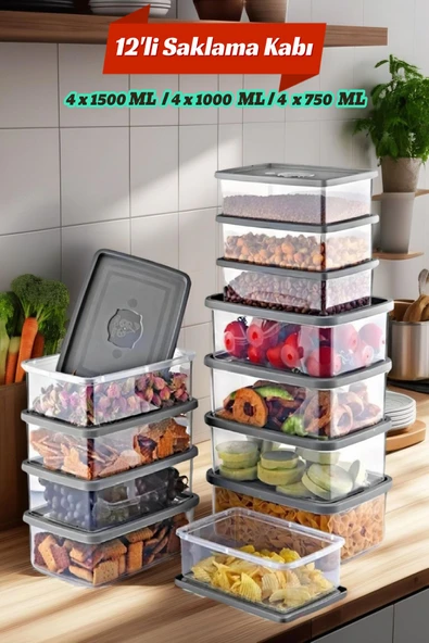 12'Li Set Dikdörtgen Mikrodalga & Difriz Uyumlu Saklama Kabı X4 0,75 Lt/1 Lt/1,5 Lt ürün görseli 1