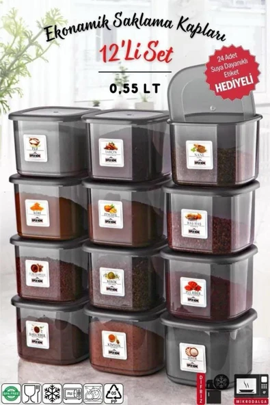 Etiketli 12 Adet 550 Ml Ekonomik Kırılmaz Antrasit Saklama Kabı ürün görseli 1