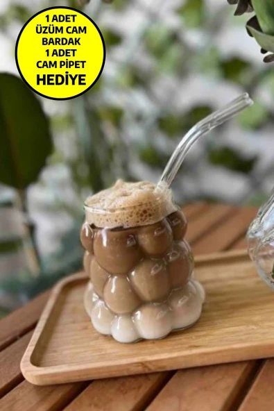 1 Adet Üzüm Model Borosilikat Kokteyl ve Soğuk-Sıcak Kahve Bardağı Pipet Hediyeli 350 Ml ürün görseli 1