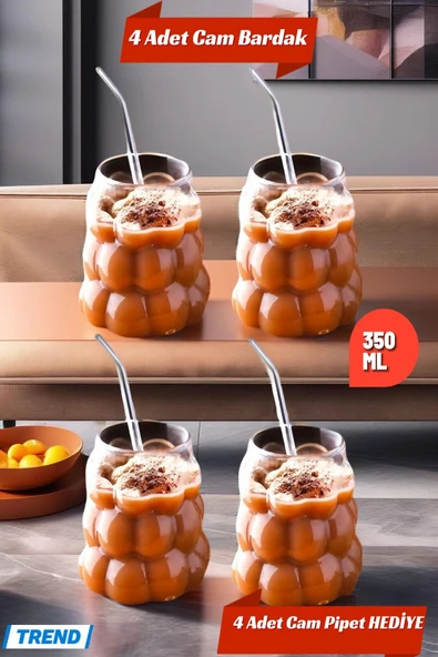 4 Adet Üzüm Model Borosilikat Kokteyl  Soğuk Sıcak Kahve Meşrubat Bardağı 4 Cam Pipet Hediye 350 ML ürün görseli 1