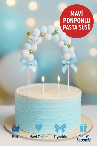 Mavi Ponponlu Pasta Süsü – Fiyonklu ve Yıldız Detaylı Cake Topper | Doğum Günü & Parti Süsü ürün görseli 1
