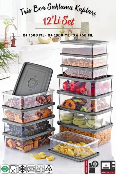 12'Li Set Dikdörtgen Mikrodalga & Difriz Uyumlu Trio Saklama Kabı X4 0,75 Lt/1 Lt/1,5 Lt ürün görseli 1