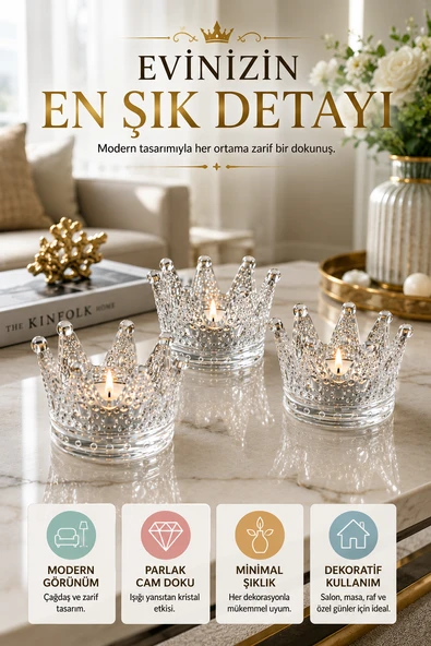 4'lü Set Kristal Taç Mumluk Şeffaf - Resim 5