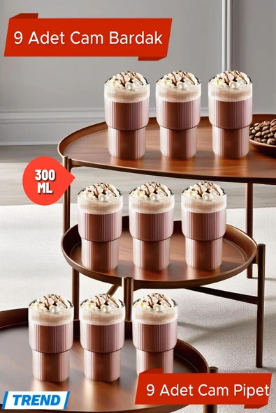 9'lu Origami Cam Model Borosilikat Soğuk Kahve Kokteyl Meşrubat Bardak 300 Ml-9 Cam Pipet Hediye ürün görseli 1