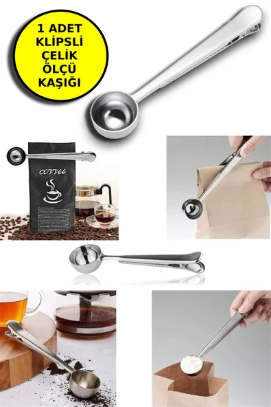Mandallı Kahve Ölçü Kaşığı Gümüş Renk Çok Fonksiyonlu Paslanmaz Çelik Kaşık ürün görseli 1