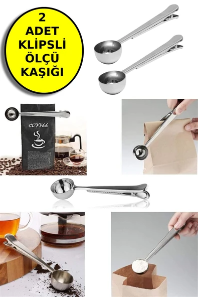 2 Adet Mandallı Kahve Ölçü Kaşığı Gümüş Renk Çok Fonksiyonlu Paslanmaz Çelik Kaşık ürün görseli 1