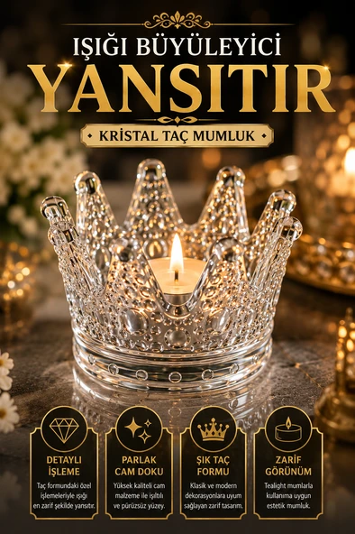 6'lı Set Kristal Taç Mumluk Şeffaf - Resim 4
