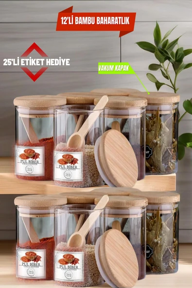 12 Adet Cam Vakumlu Bambu Kapaklı Borosilikat Baharatlık, Saklama Kabı, Çerezlik (200 ml) ürün görseli 1