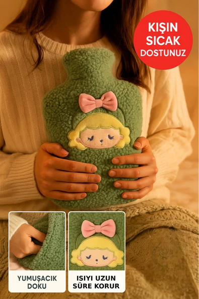 Yeşil Peluş Sıcak Su Torbası – Yumuşak, Güvenli ve Şık Saçlı Kız Model, 1 Litre ürün görseli 1