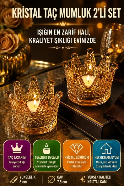 2'li Set Kristal Taç Mumluk Gold ürün görseli 1