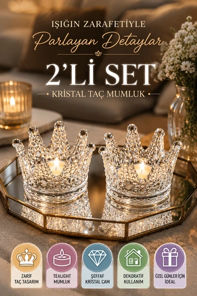 2'li Set Kristal Taç Mumluk Şeffaf ürün görseli 1