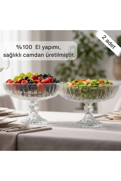 Selen Concept Linea Damla Model Ayaklı El Yapımı Cam Salata Ve Meyve Kasesi 2'li Set ürün görseli 1