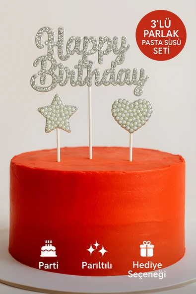Happy Birthday Taşlı Pasta Süsü 3’lü Set – Gümüş Kalp ve Yıldızlı Işıltılı Doğum Günü Dekoru ürün görseli 1