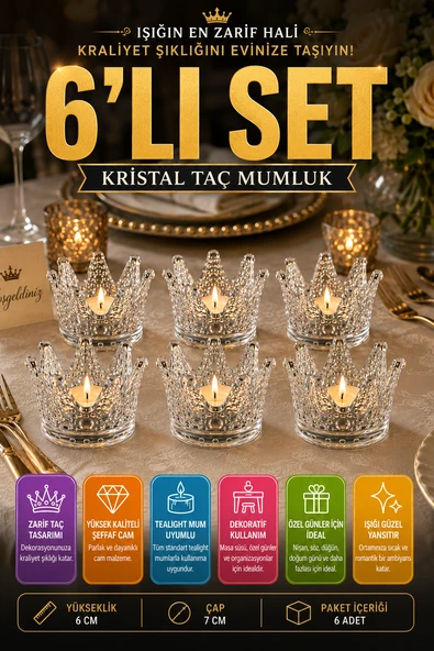 6'lı Set Kristal Taç Mumluk Şeffaf ürün görseli 1
