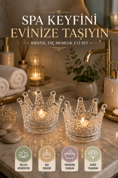 2'li Set Kristal Taç Mumluk Şeffaf - Resim 4
