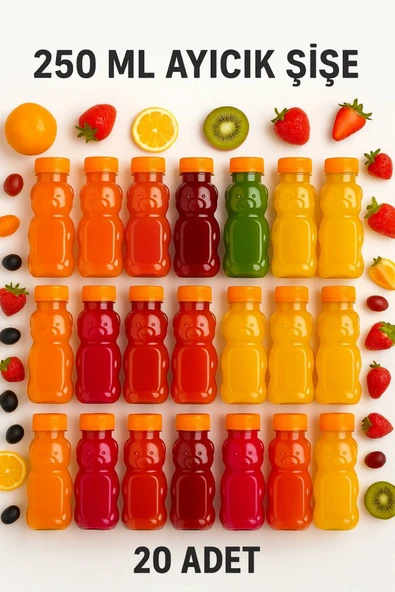 20 Adet Ayıcık Şişe – Turuncu Kapaklı, Okul ve Piknik İçin Eğlenceli Çocuk Meyve Suyu Şişesi 250 ml ürün görseli 1