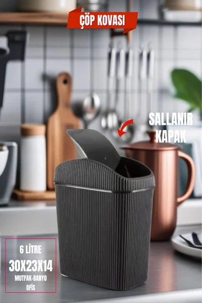 6 Lt Çöp Kovası, Mutfak, Banyo, Tuvalet, Ofis Çöp Kutusu Siyah ürün görseli 1