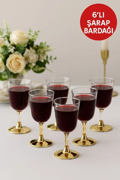 6'lı Gold Base Plastik Şarap Bardağı Düğün, Davet, Organizasyon, Parti için Dayanıklı 150 ml ürün görseli 1