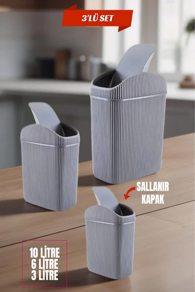 3'lü Çöp Kovası, Mutfak, Banyo, Tuvalet, Ofis Çöp Kutusu Gri ürün görseli 1