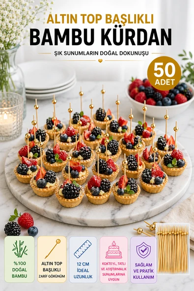 50’li Altın Top Başlıklı 12 cm Bambu Kürdan Seti – Kokteyl, Tatlı ve Davet Sunumları İçin Şık Seçim ürün görseli 1